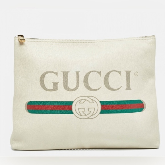 Gucci Cream Logo Zip Up Leather Suede Large Portfolio Pouch Clutch - Picture 1 of 16